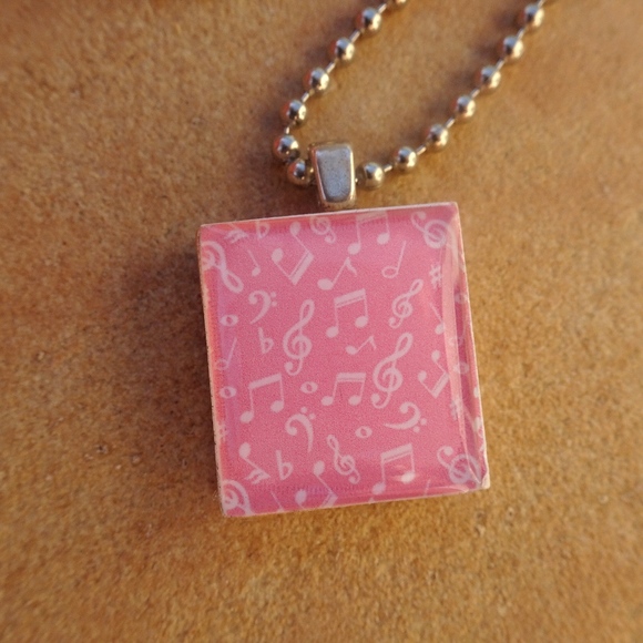 Pink Music Note Scrabble Tile Pendant Upcycled Repurposed Game Piece Necklace - Picture 6 of 8